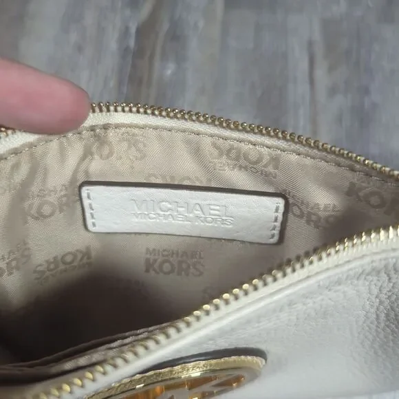 Michael Kors Fulton Wristlet Cream And Gold Zip Wallet MK Mini Purse - Picture 5 of 12